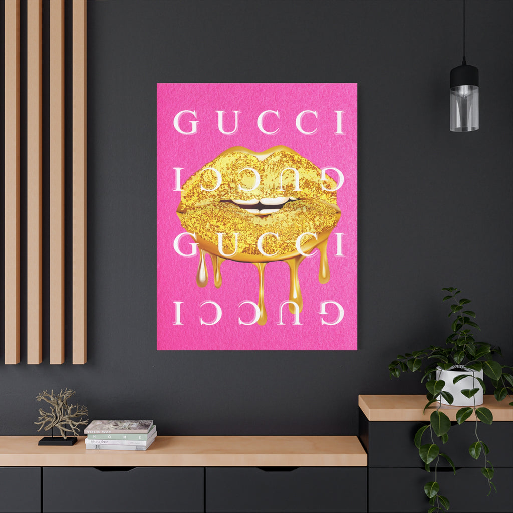 Gold Dripping Lips Canvas Wall Art — Pink Pop Art Print