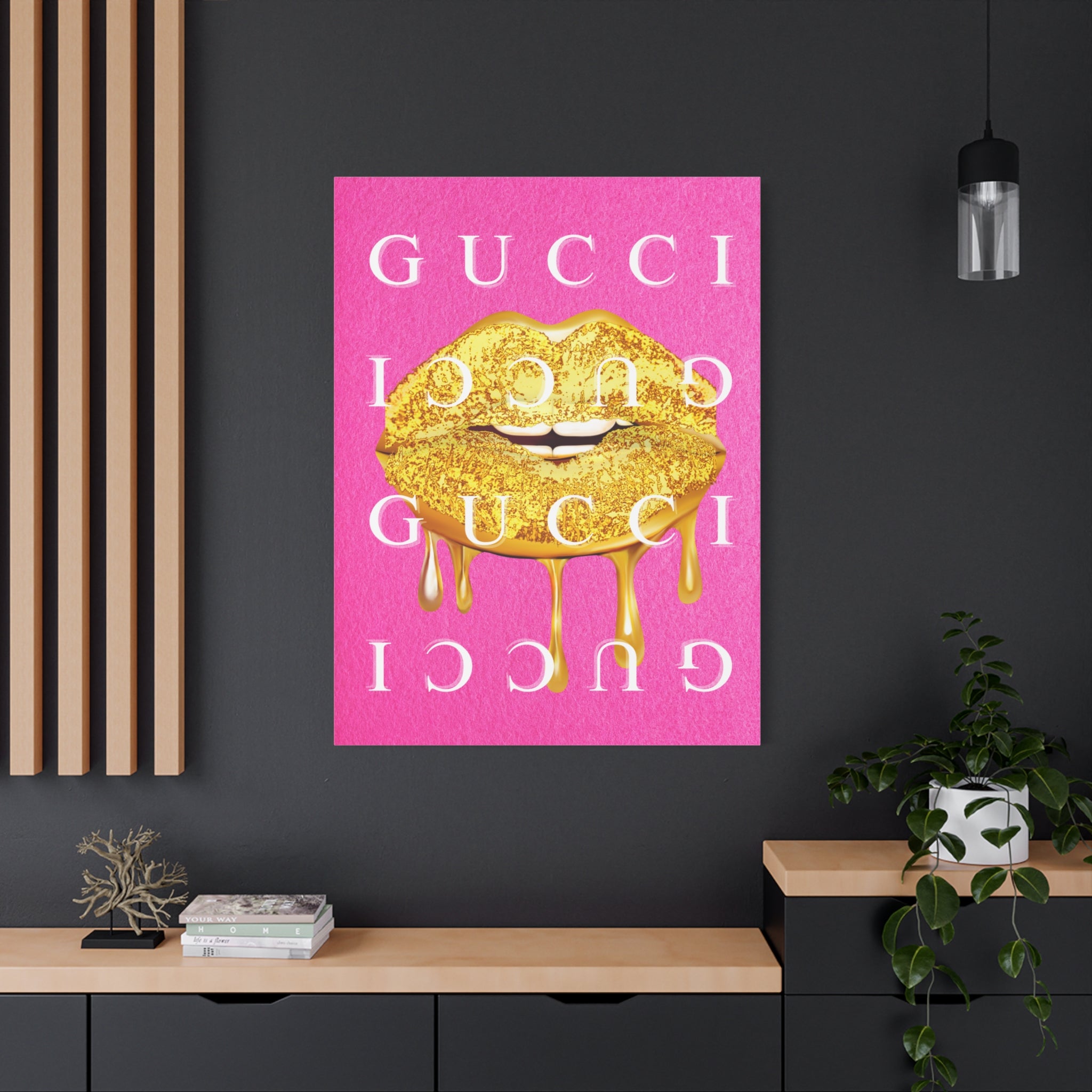 Gold Dripping Lips Canvas Wall Art — Pink Pop Art Print