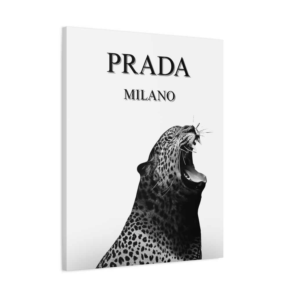 Luxury Leopard Canvas Wall Art – 'PRADA MILANO' Style Matte Stretched Canvas