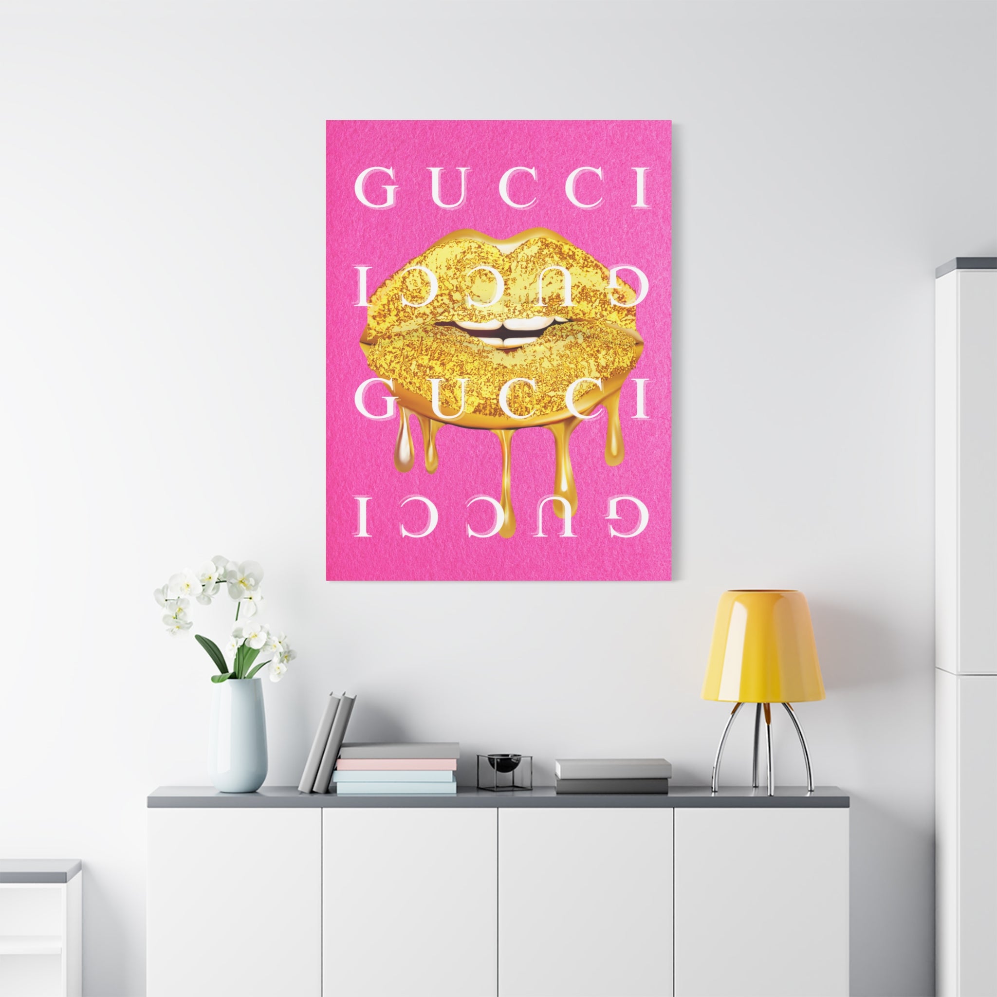 Gold Dripping Lips Canvas Wall Art — Pink Pop Art Print