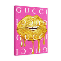 Gold Dripping Lips Canvas Wall Art — Pink Pop Art Print