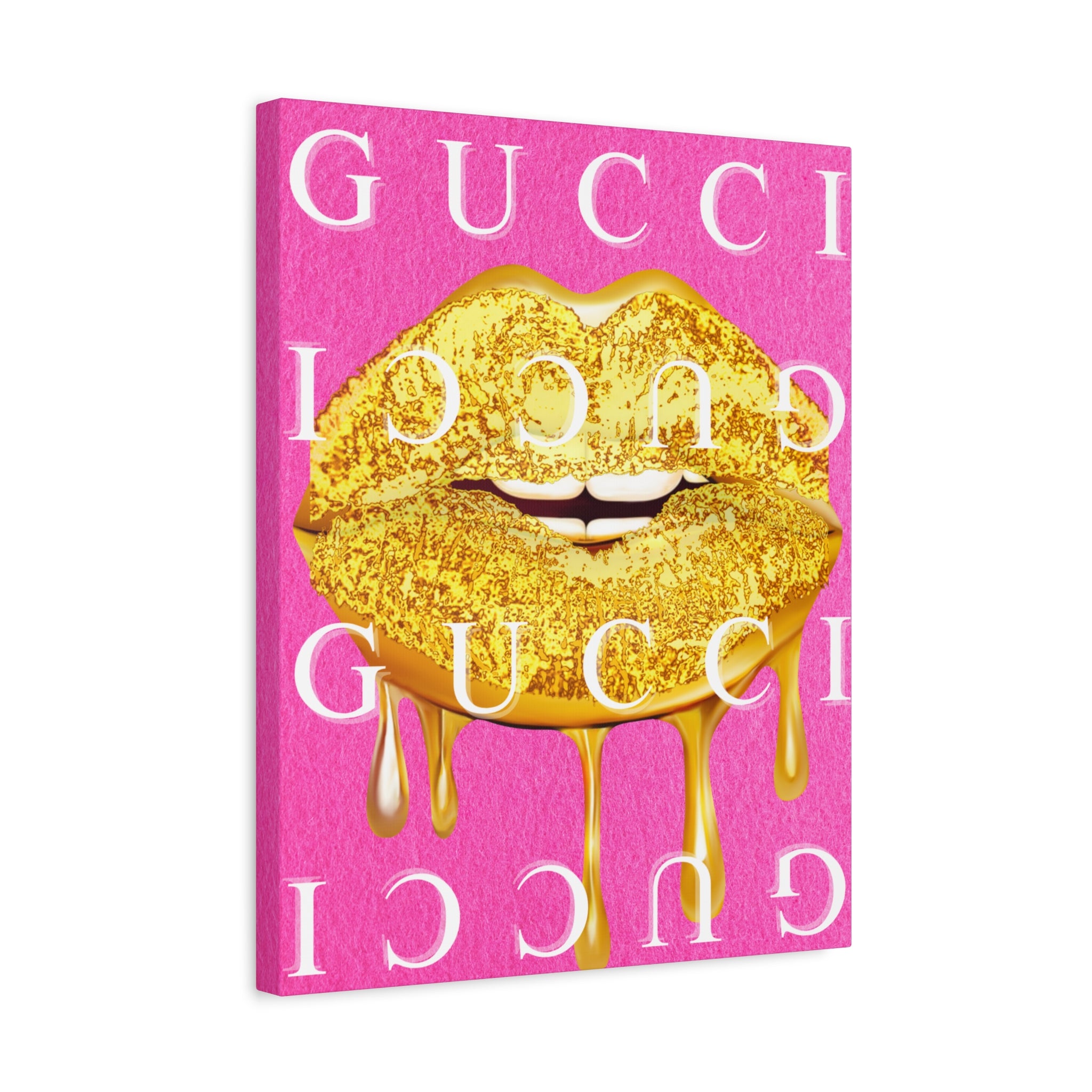 Gold Dripping Lips Canvas Wall Art — Pink Pop Art Print