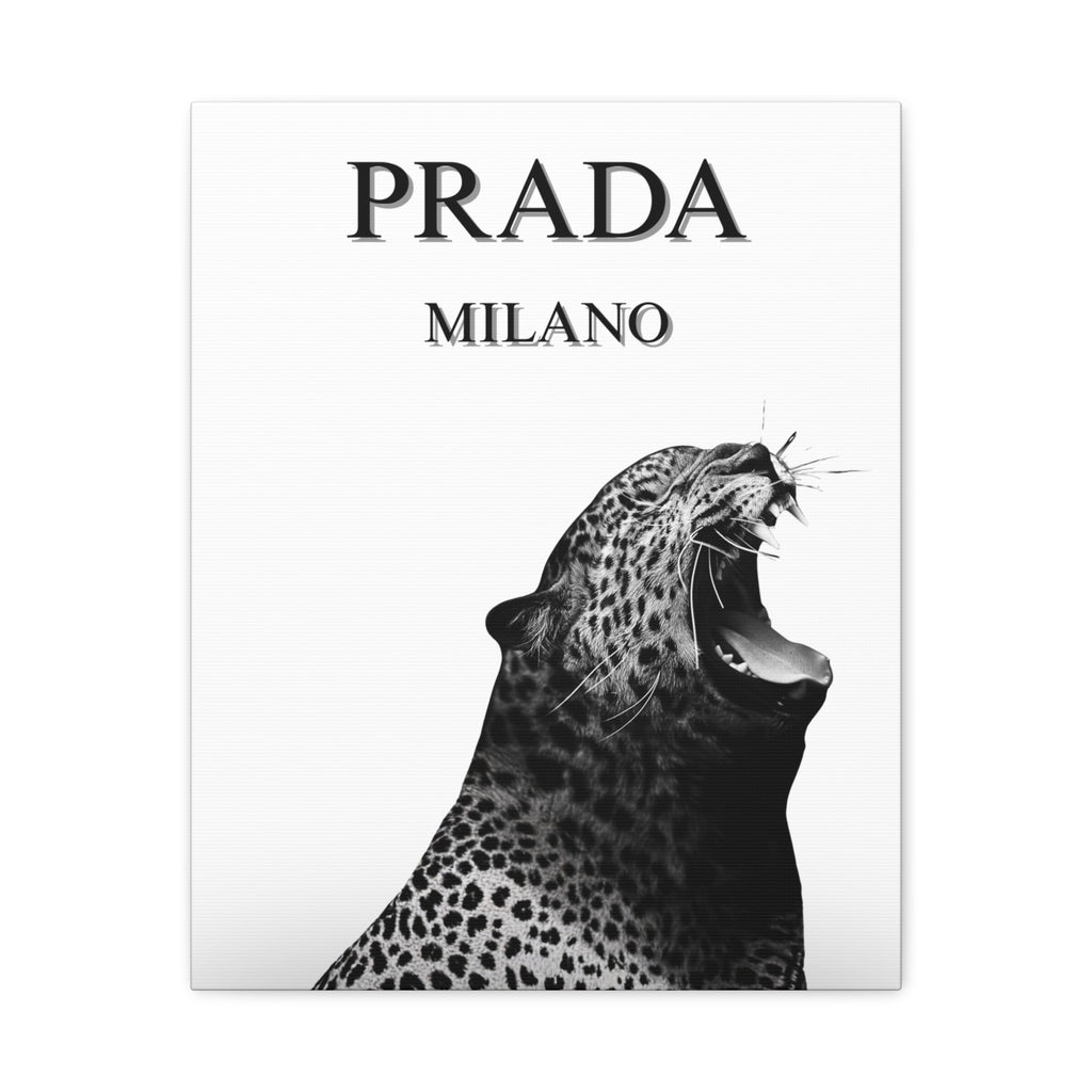 Luxury Leopard Canvas Wall Art – 'PRADA MILANO' Style Matte Stretched Canvas