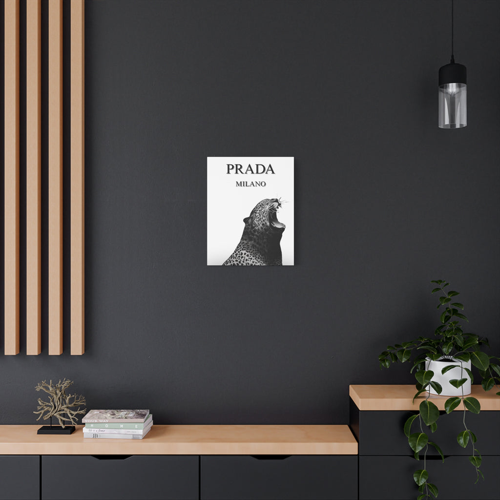 Luxury Leopard Canvas Wall Art – 'PRADA MILANO' Style Matte Stretched Canvas
