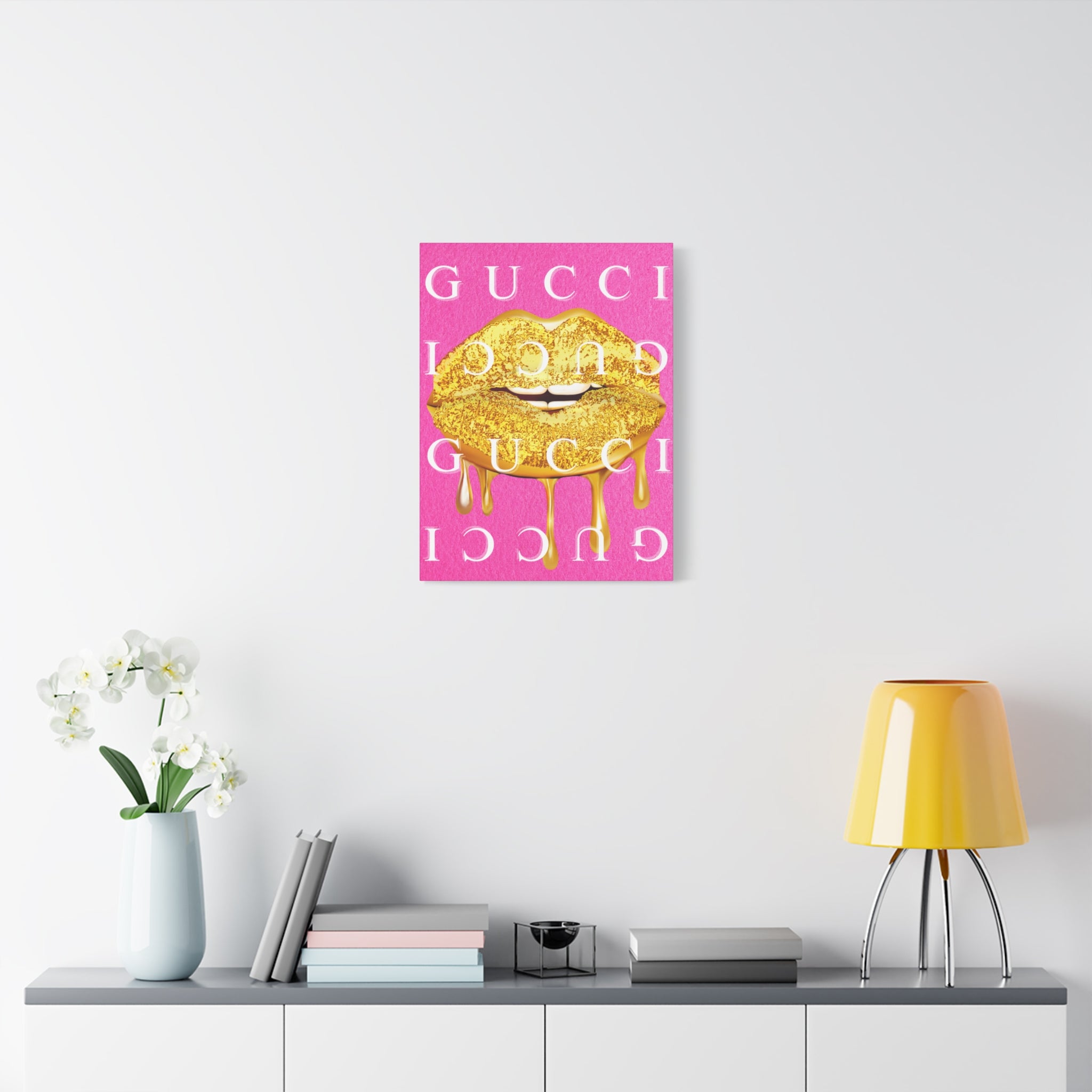 Gold Dripping Lips Canvas Wall Art — Pink Pop Art Print