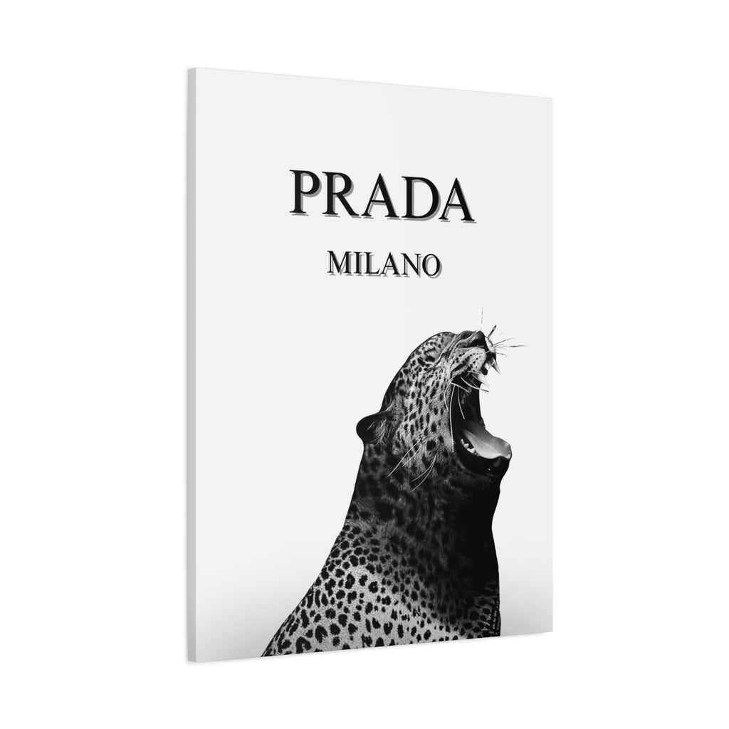 Luxury Leopard Canvas Wall Art – 'PRADA MILANO' Style Matte Stretched Canvas