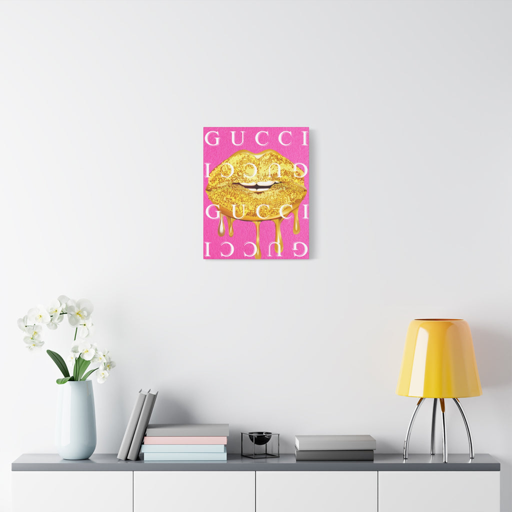 Gold Dripping Lips Canvas Wall Art — Pink Pop Art Print
