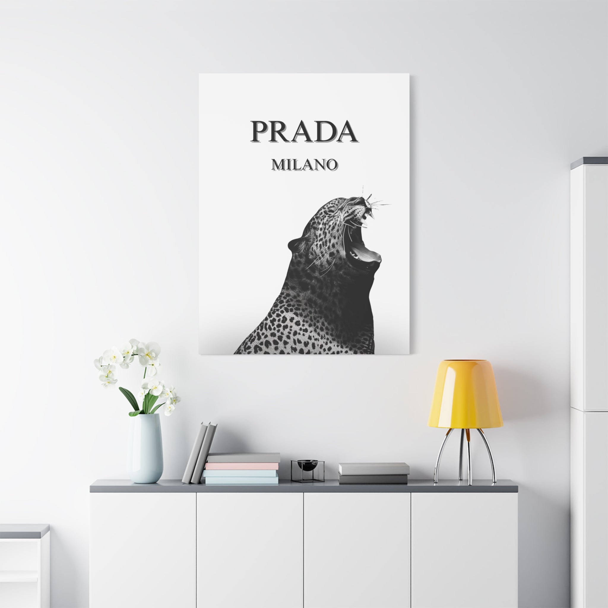 Luxury Leopard Canvas Wall Art – 'PRADA MILANO' Style Matte Stretched Canvas