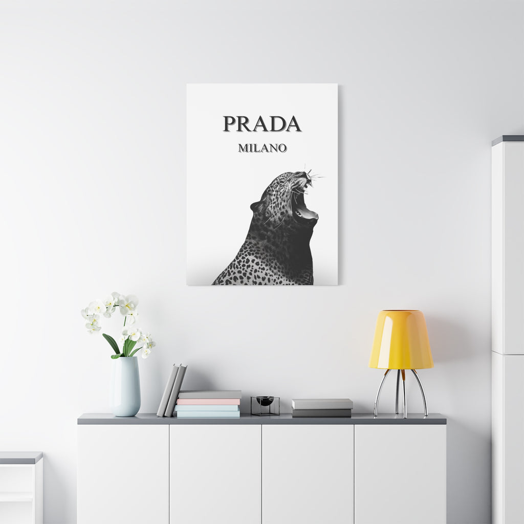 Luxury Leopard Canvas Wall Art – 'PRADA MILANO' Style Matte Stretched Canvas