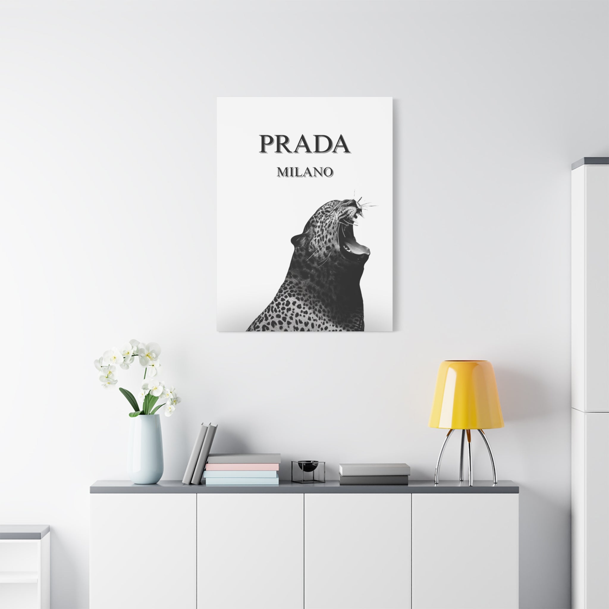Luxury Leopard Canvas Wall Art – 'PRADA MILANO' Style Matte Stretched Canvas