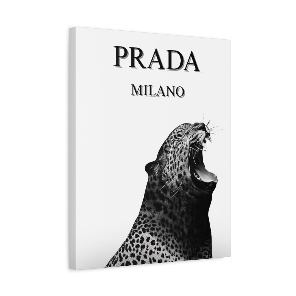 Luxury Leopard Canvas Wall Art – 'PRADA MILANO' Style Matte Stretched Canvas