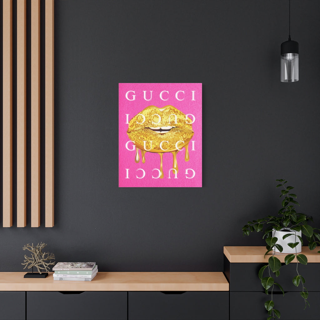 Gold Dripping Lips Canvas Wall Art — Pink Pop Art Print