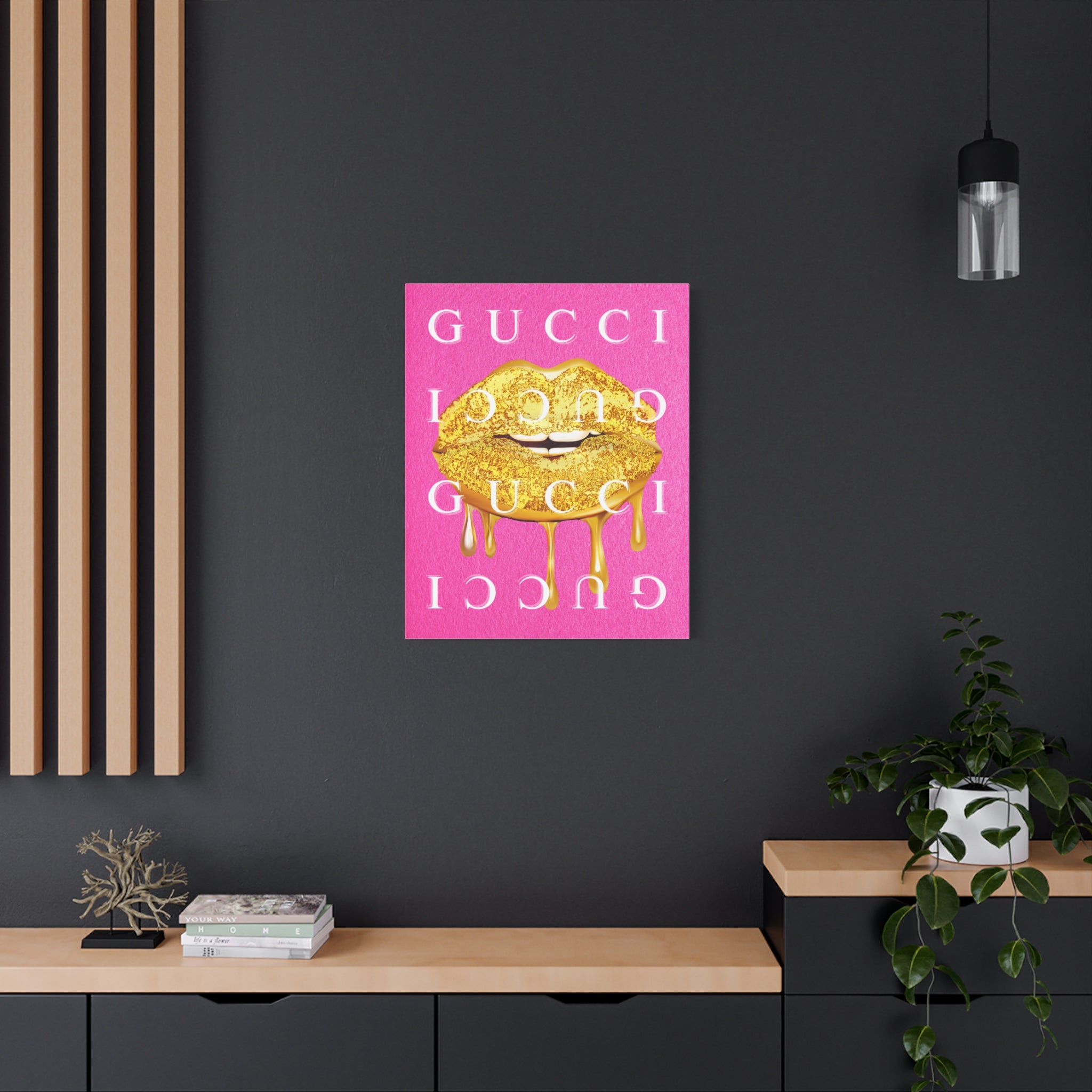 Gold Dripping Lips Canvas Wall Art — Pink Pop Art Print