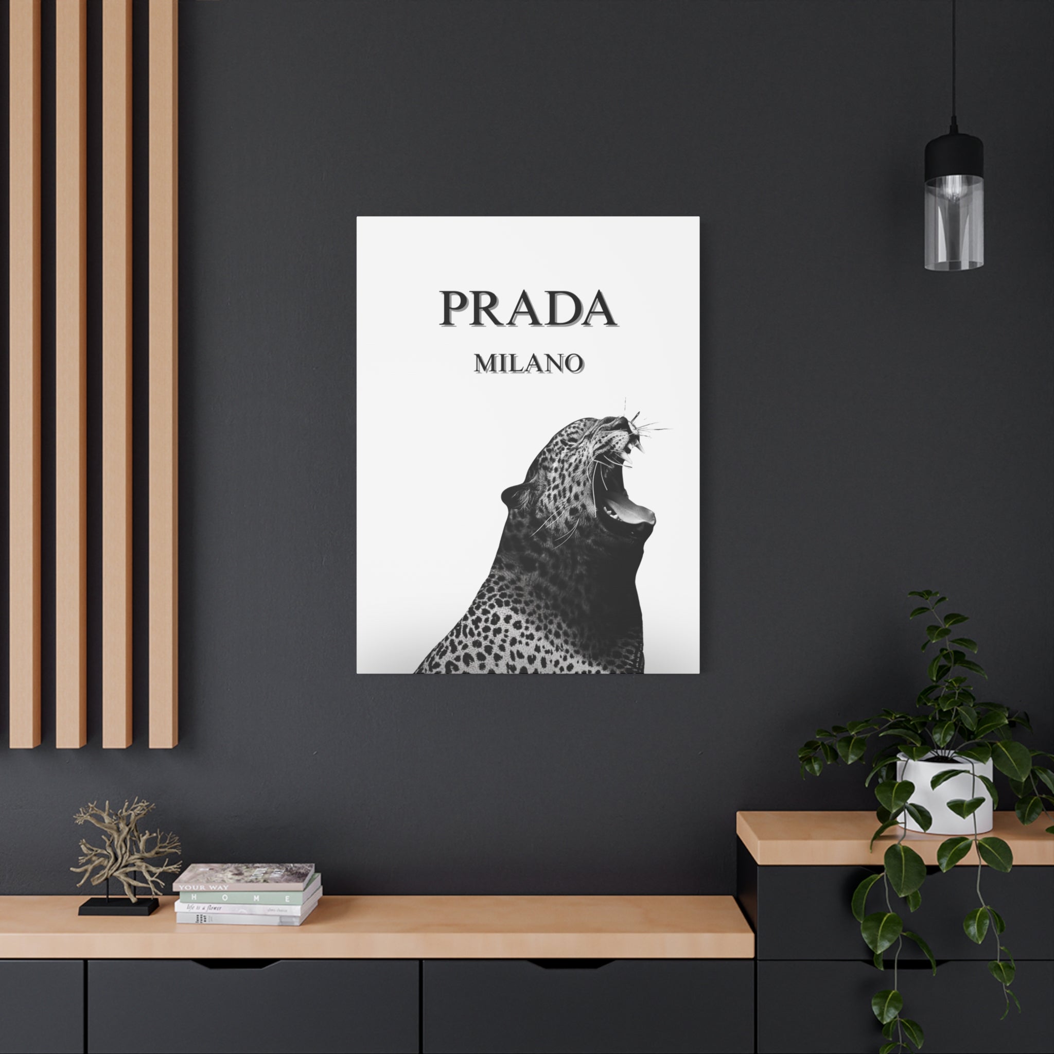 Luxury Leopard Canvas Wall Art – 'PRADA MILANO' Style Matte Stretched Canvas
