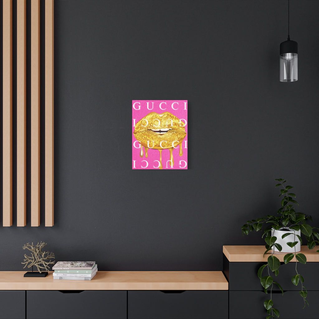 Gold Dripping Lips Canvas Wall Art — Pink Pop Art Print