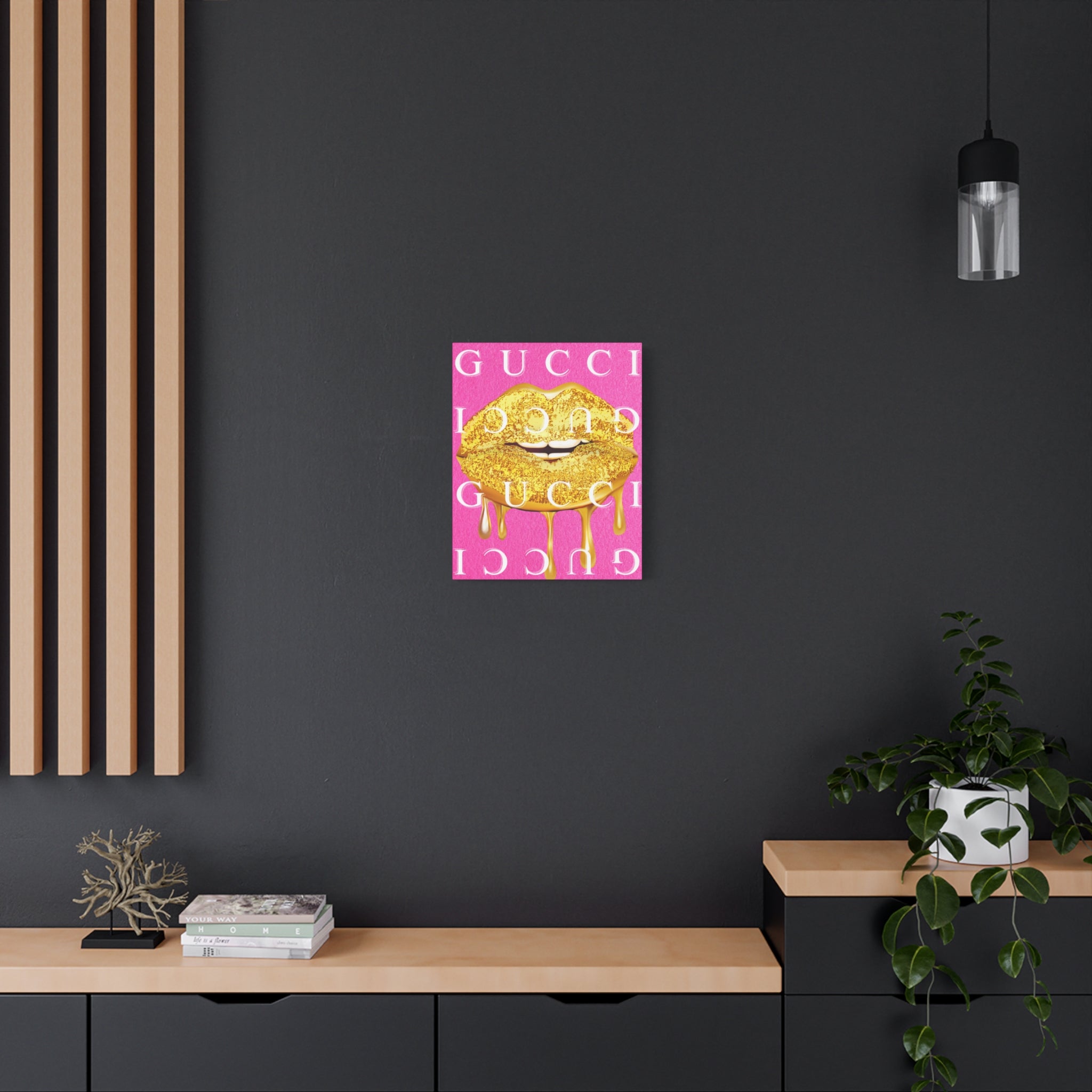 Gold Dripping Lips Canvas Wall Art — Pink Pop Art Print