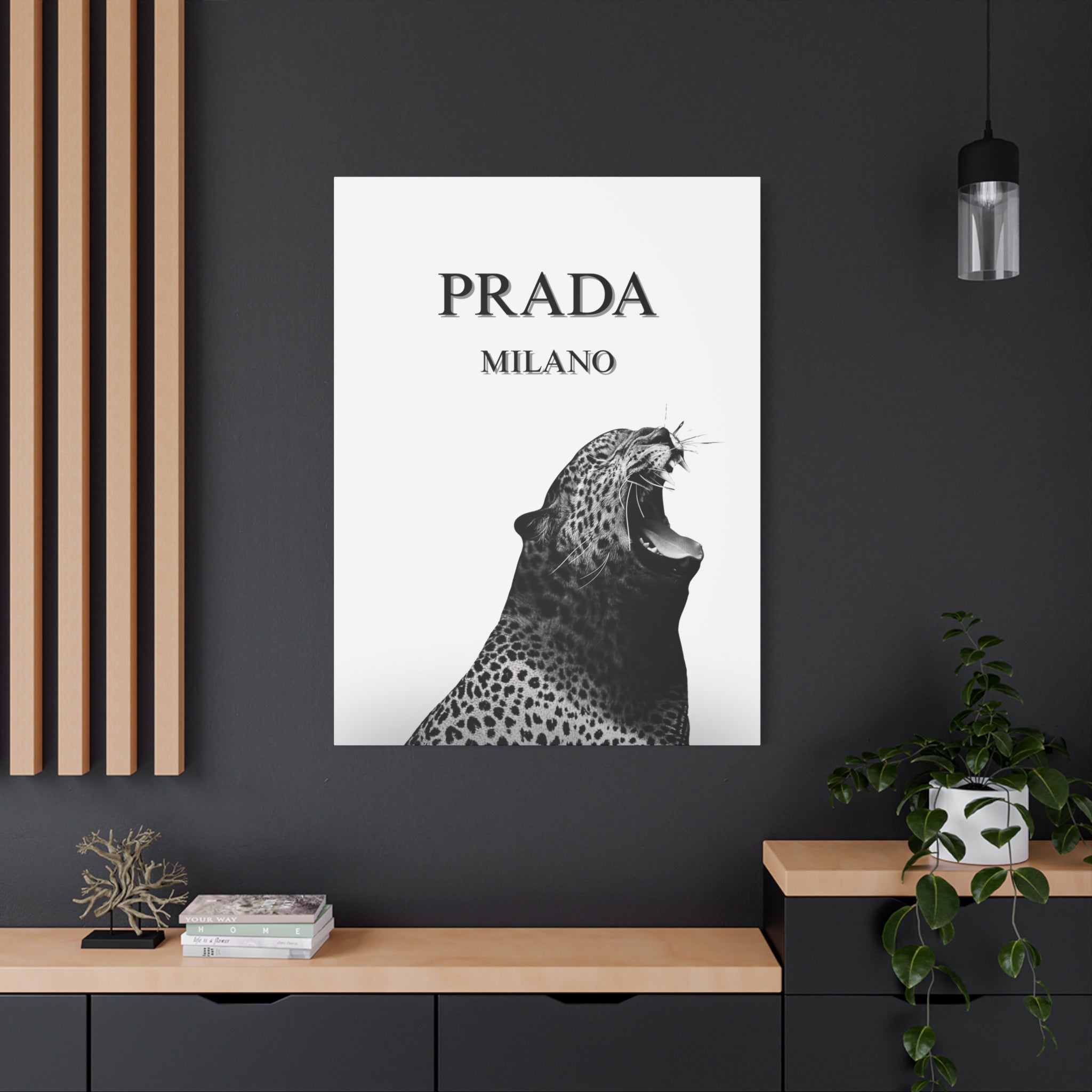 Luxury Leopard Canvas Wall Art – 'PRADA MILANO' Style Matte Stretched Canvas