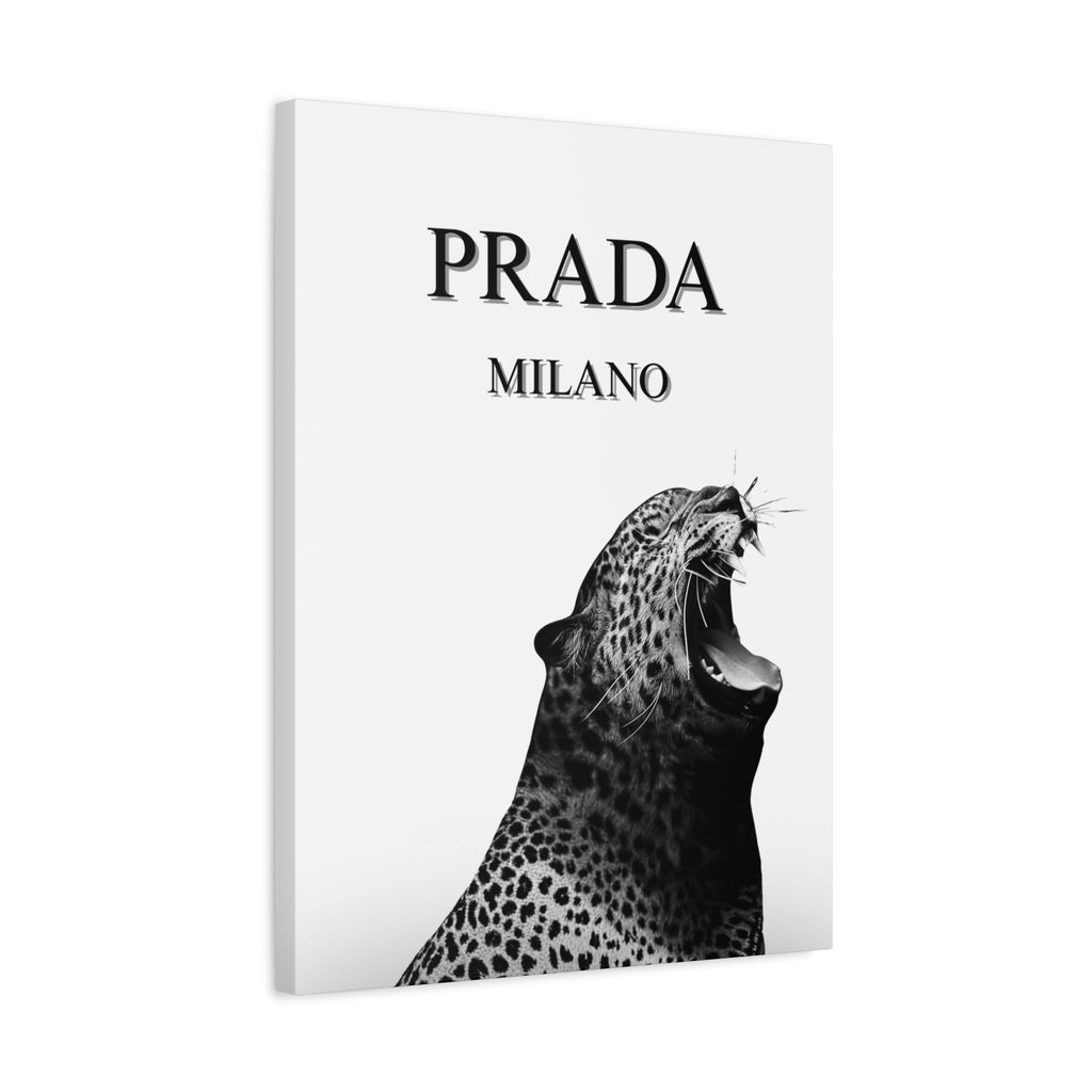 Luxury Leopard Canvas Wall Art – 'PRADA MILANO' Style Matte Stretched Canvas