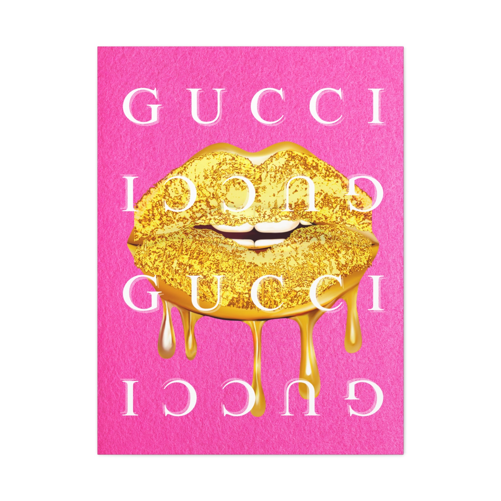 Gold Dripping Lips Canvas Wall Art — Pink Pop Art Print