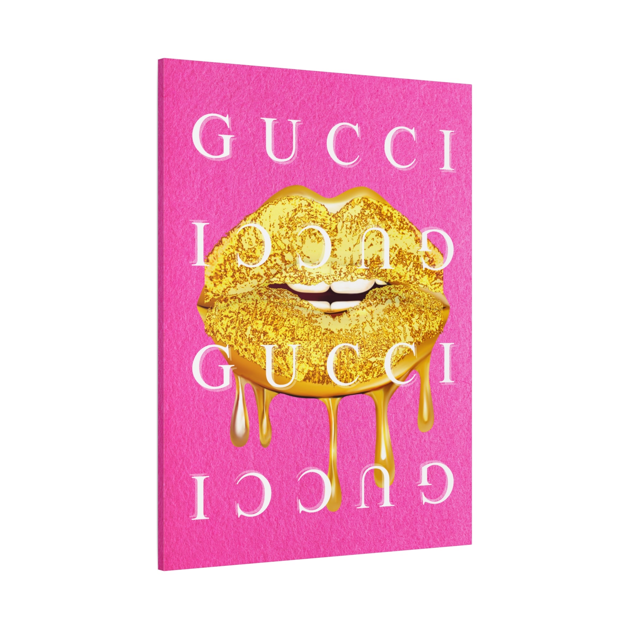 Gold Dripping Lips Canvas Wall Art — Pink Pop Art Print