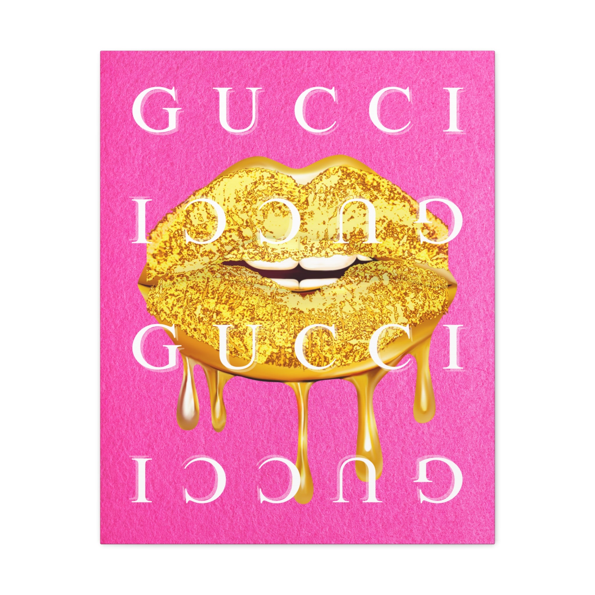 Gold Dripping Lips Canvas Wall Art — Pink Pop Art Print