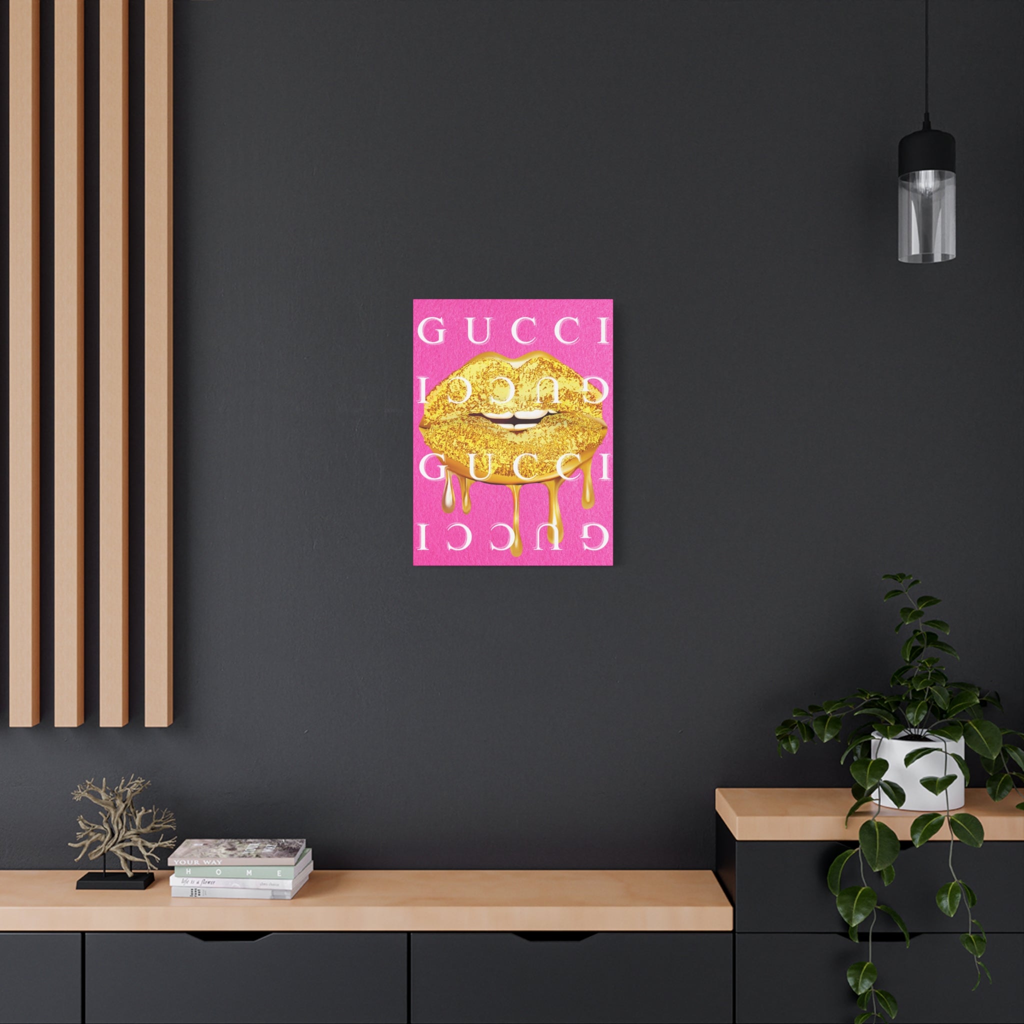 Gold Dripping Lips Canvas Wall Art — Pink Pop Art Print
