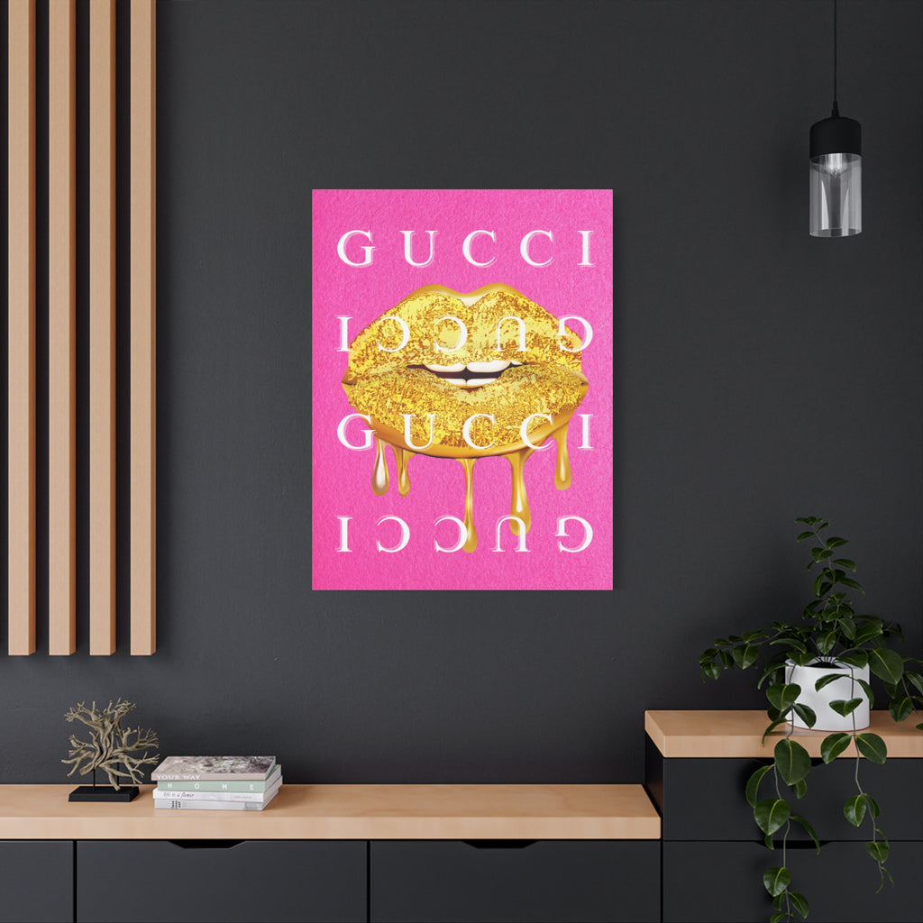 Gold Dripping Lips Canvas Wall Art — Pink Pop Art Print