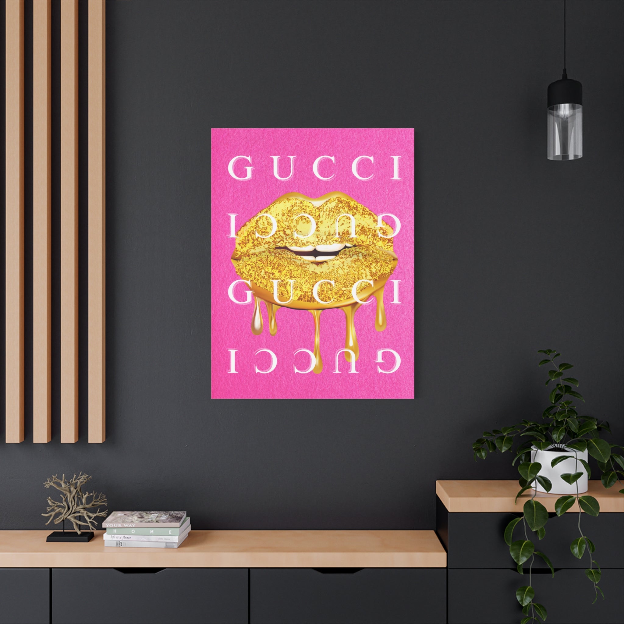 Gold Dripping Lips Canvas Wall Art — Pink Pop Art Print