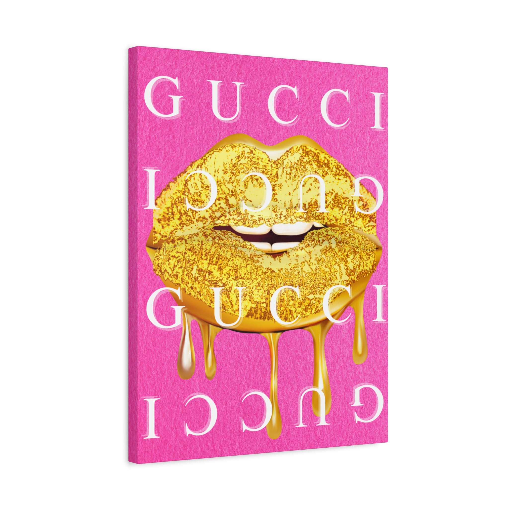 Gold Dripping Lips Canvas Wall Art — Pink Pop Art Print