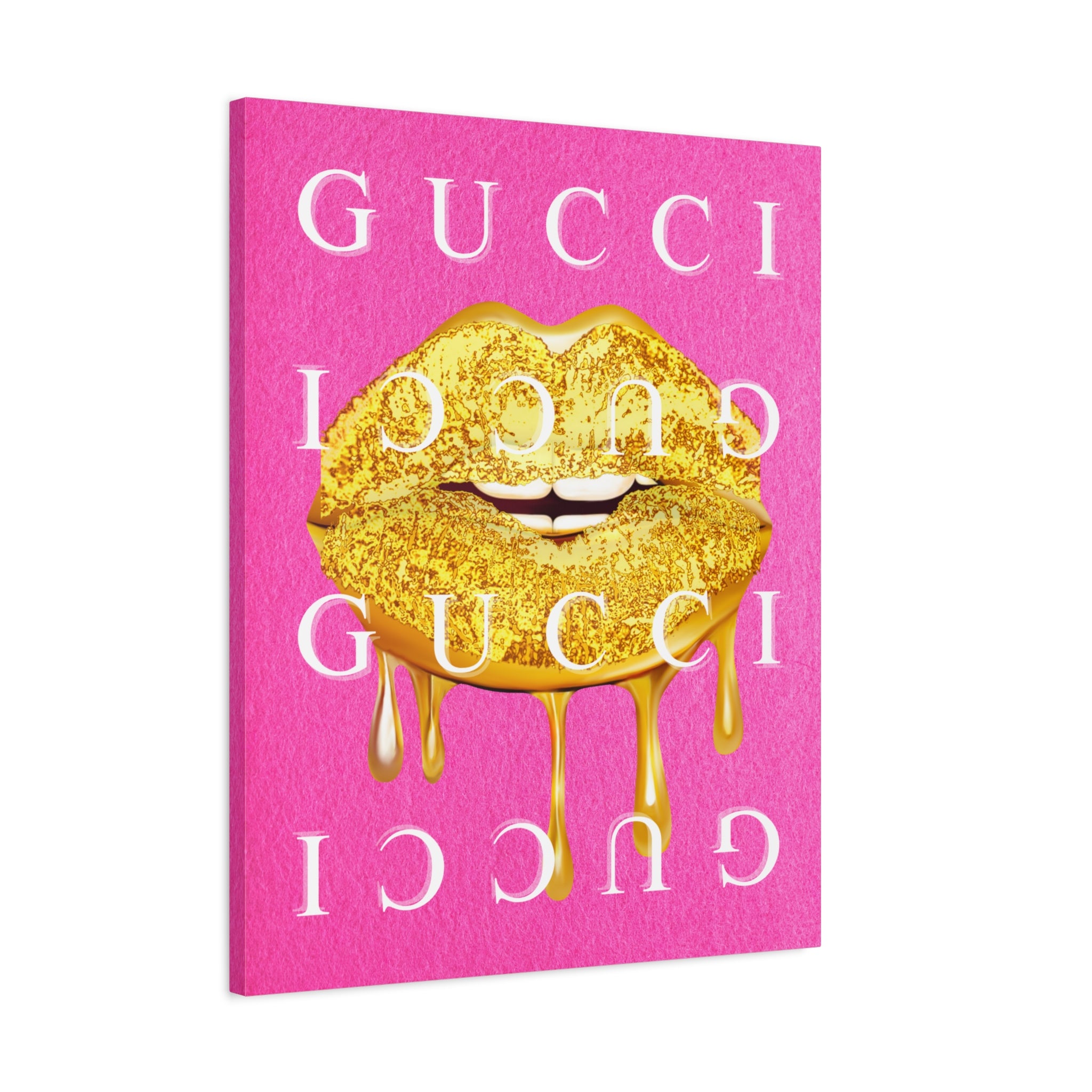 Gold Dripping Lips Canvas Wall Art — Pink Pop Art Print