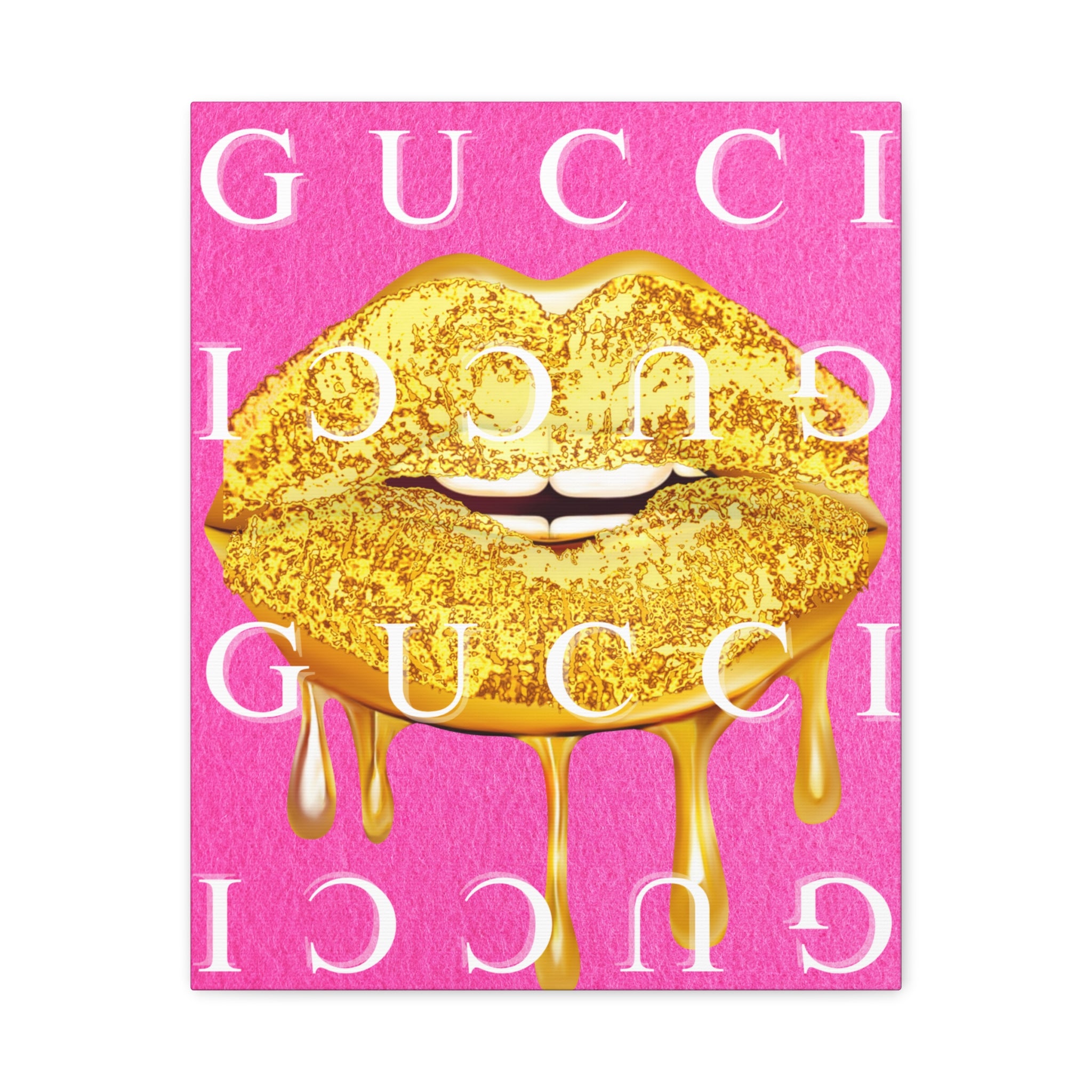 Gold Dripping Lips Canvas Wall Art — Pink Pop Art Print