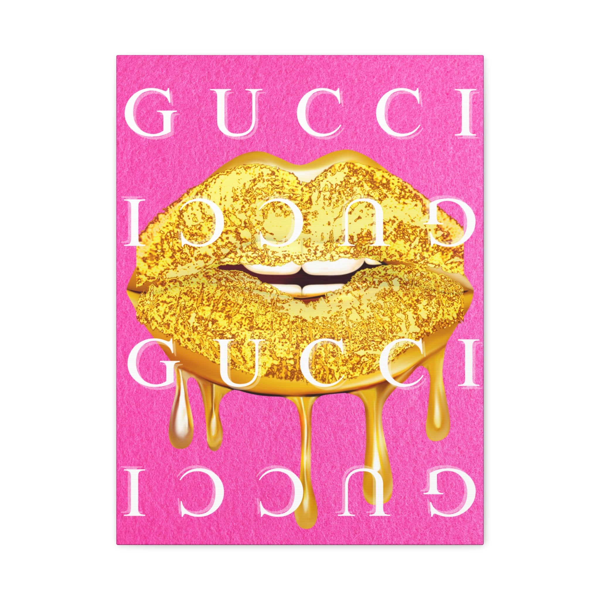 Gold Dripping Lips Canvas Wall Art — Pink Pop Art Print