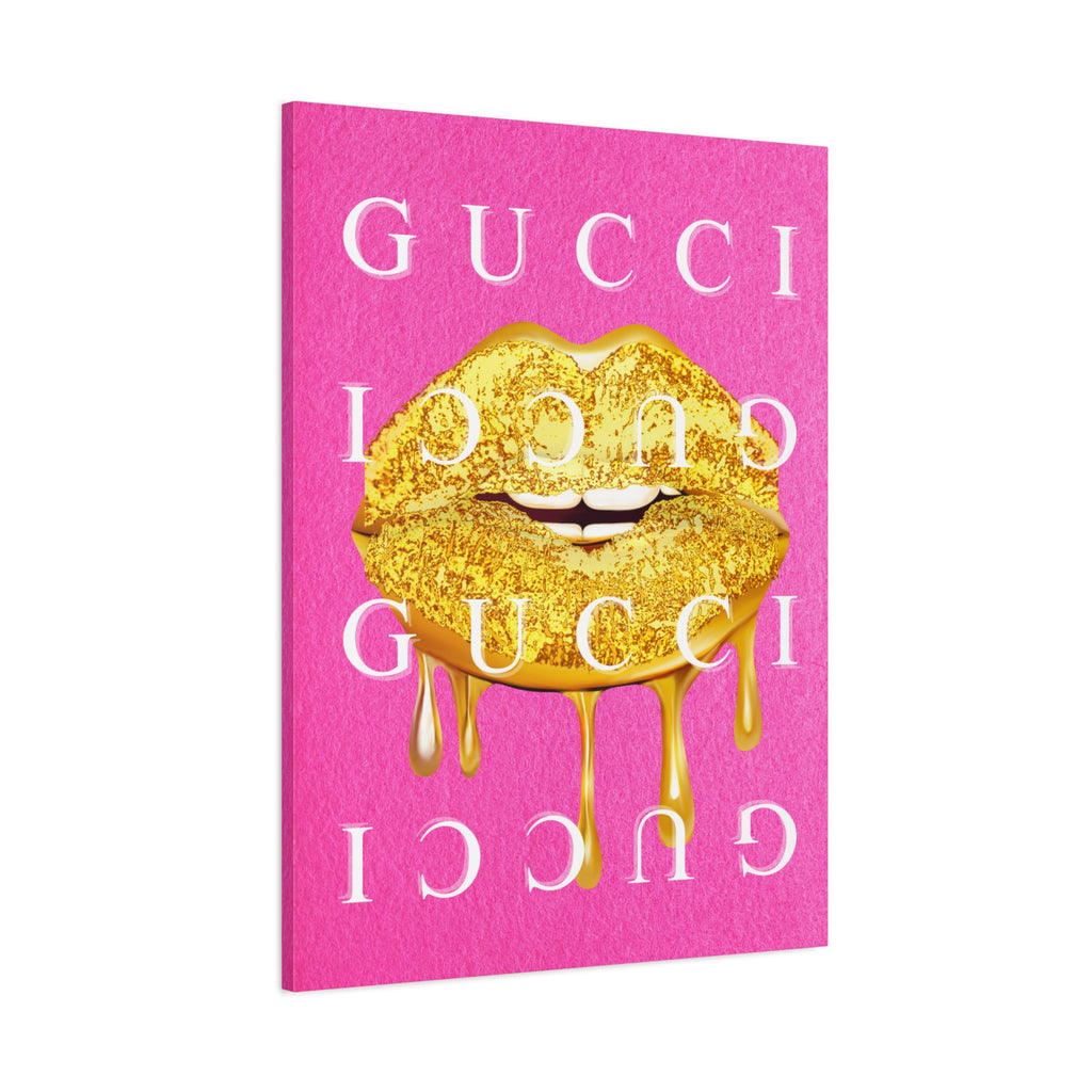 Gold Dripping Lips Canvas Wall Art — Pink Pop Art Print