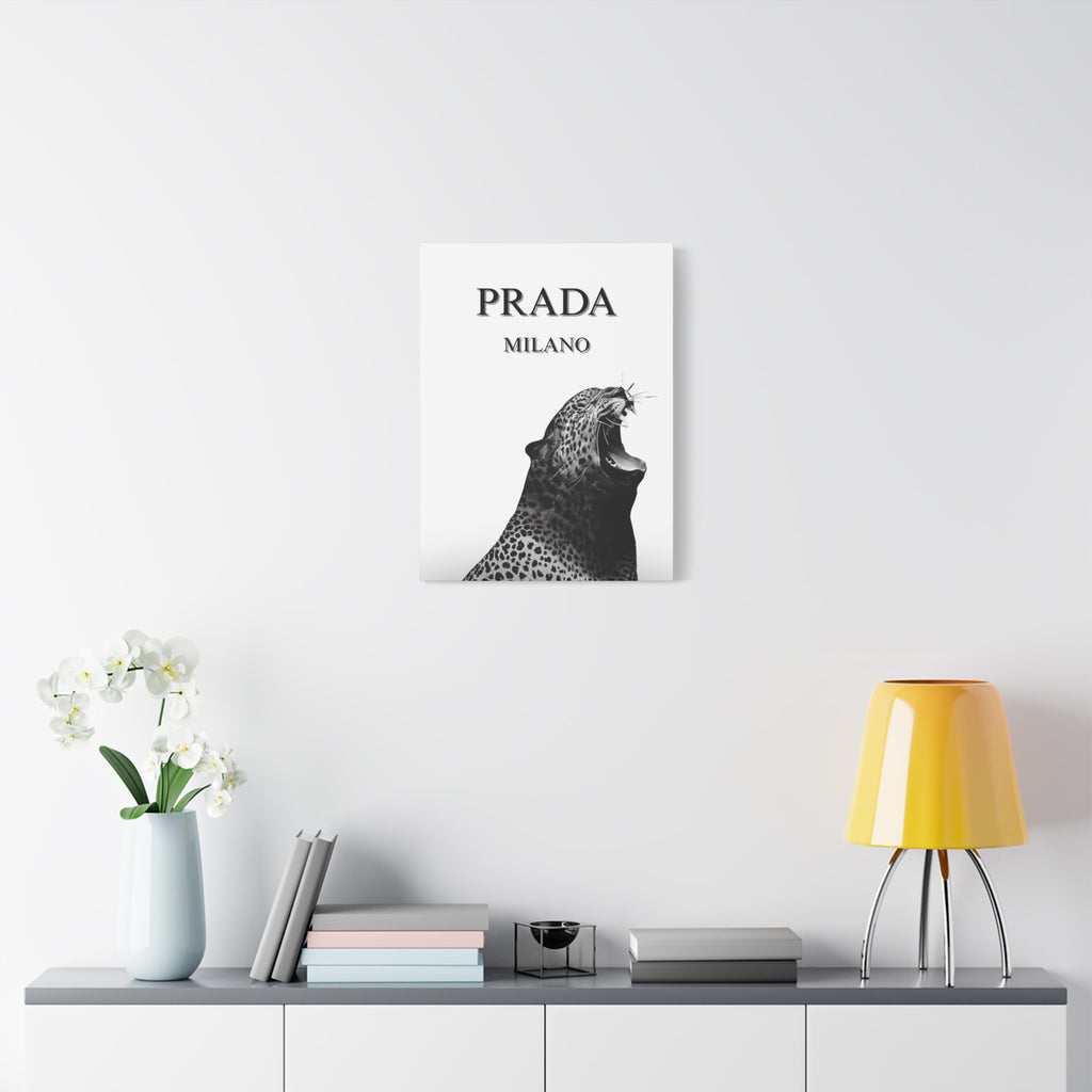 Luxury Leopard Canvas Wall Art – 'PRADA MILANO' Style Matte Stretched Canvas