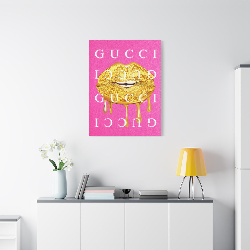 Gold Dripping Lips Canvas Wall Art — Pink Pop Art Print