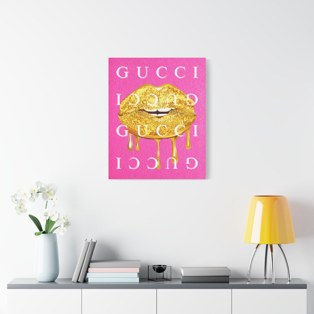 Gold Dripping Lips Canvas Wall Art — Pink Pop Art Print