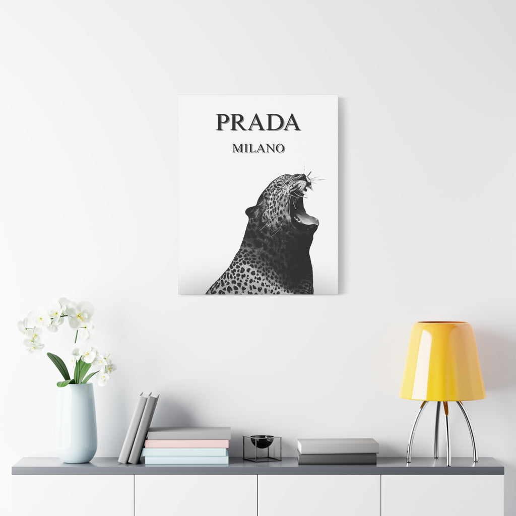 Luxury Leopard Canvas Wall Art – 'PRADA MILANO' Style Matte Stretched Canvas