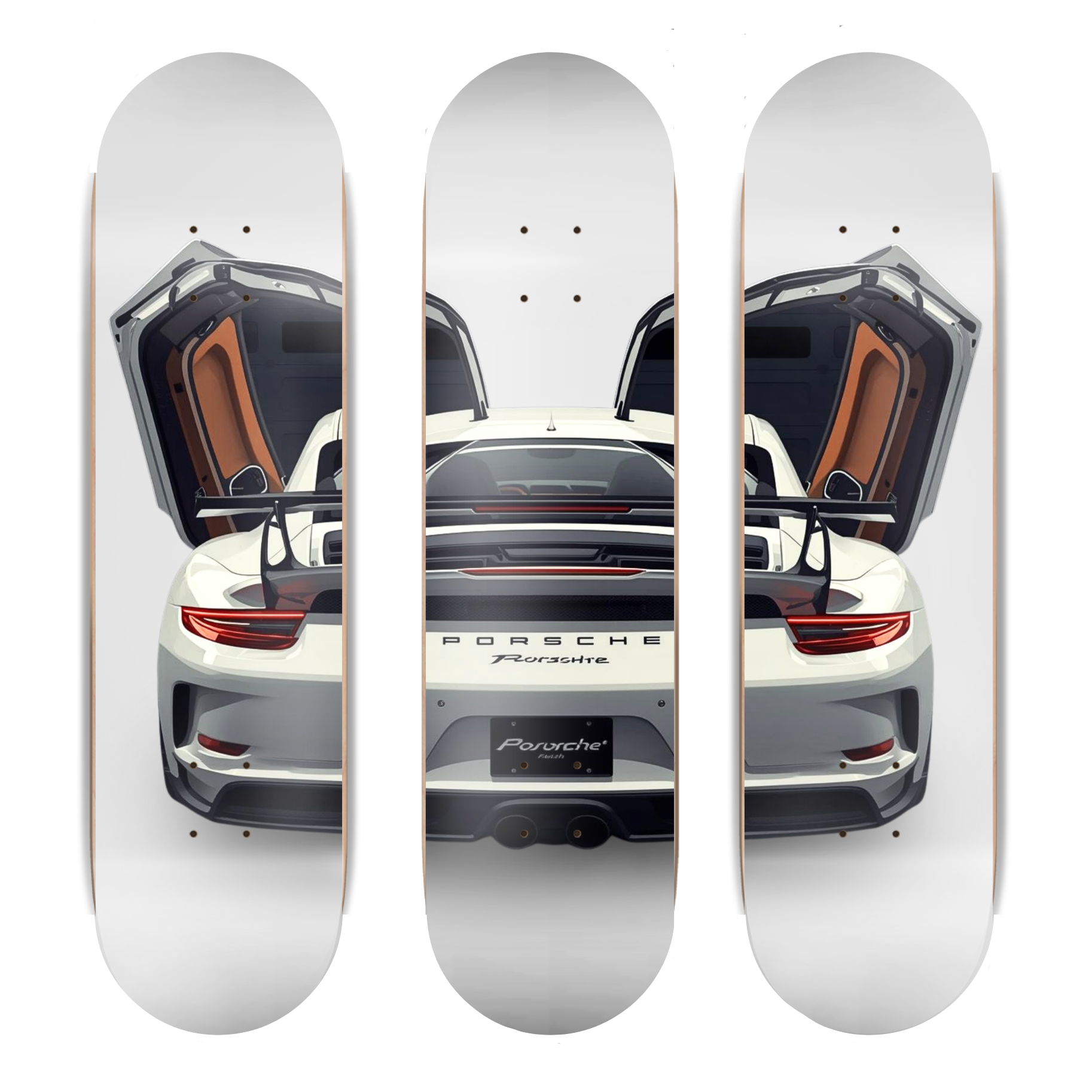 Three skateboard decks with car design on a white background
