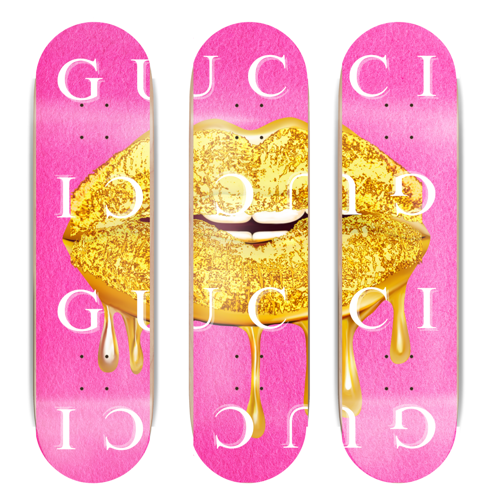 Three pink skateboard decks with gold lips and logo design.