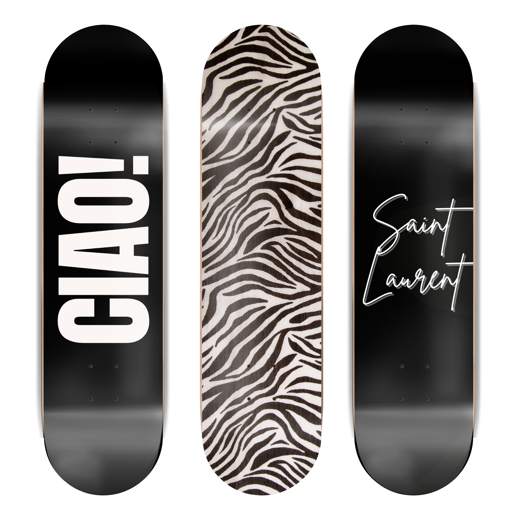 Three skateboard decks with different designs on a white background