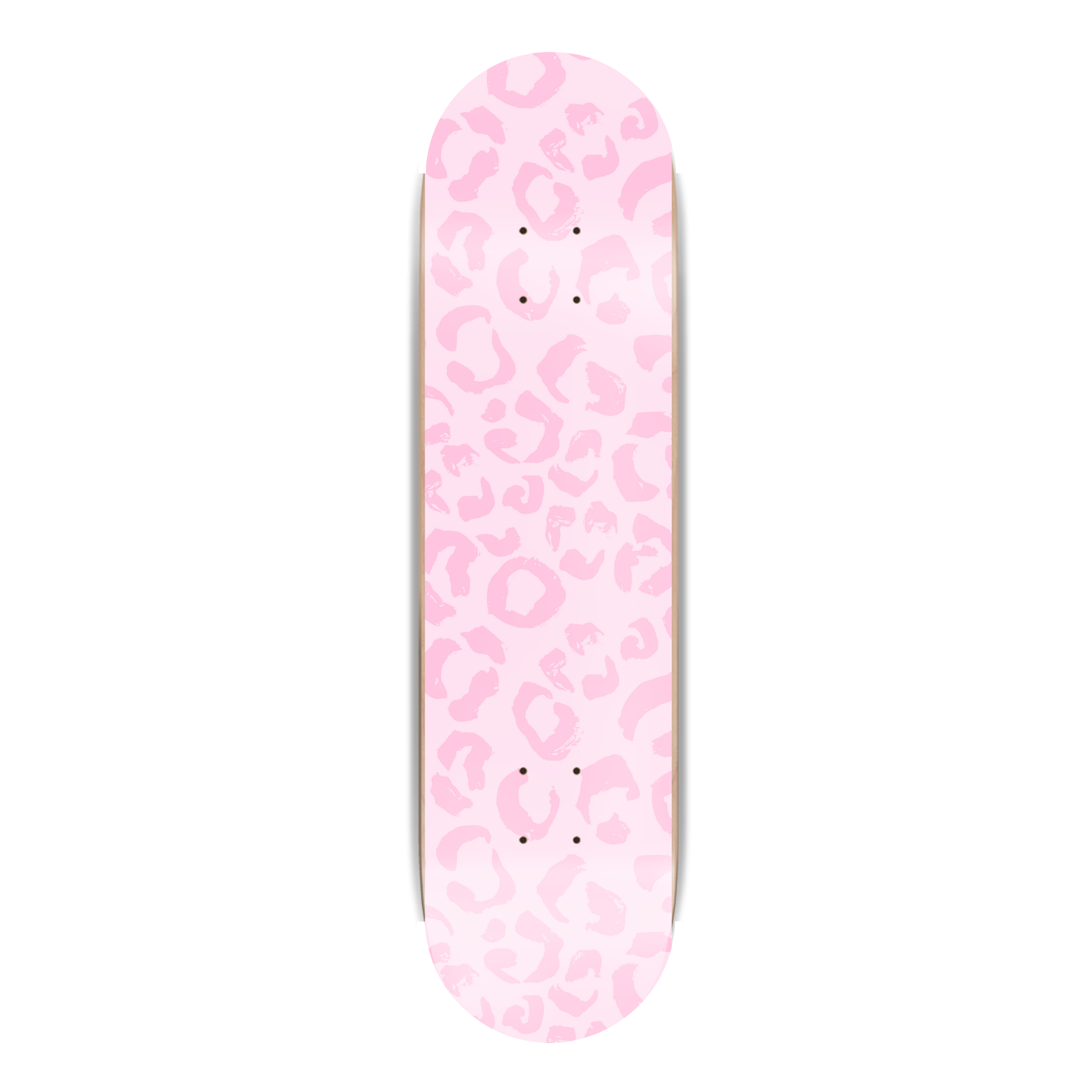 Skateboard deck with pink leopard print pattern on a white background