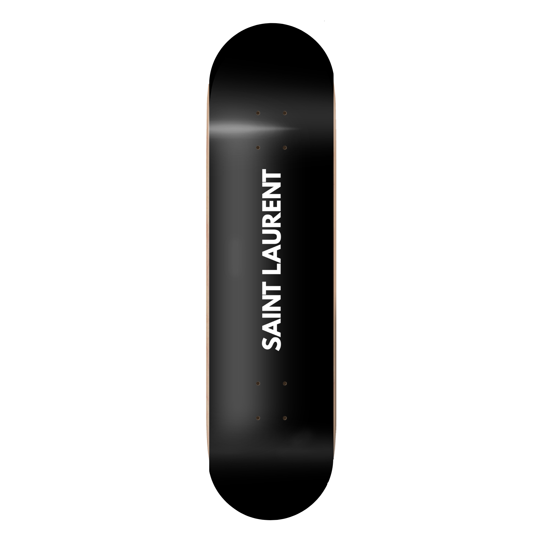 Black skateboard deck with text on a white background