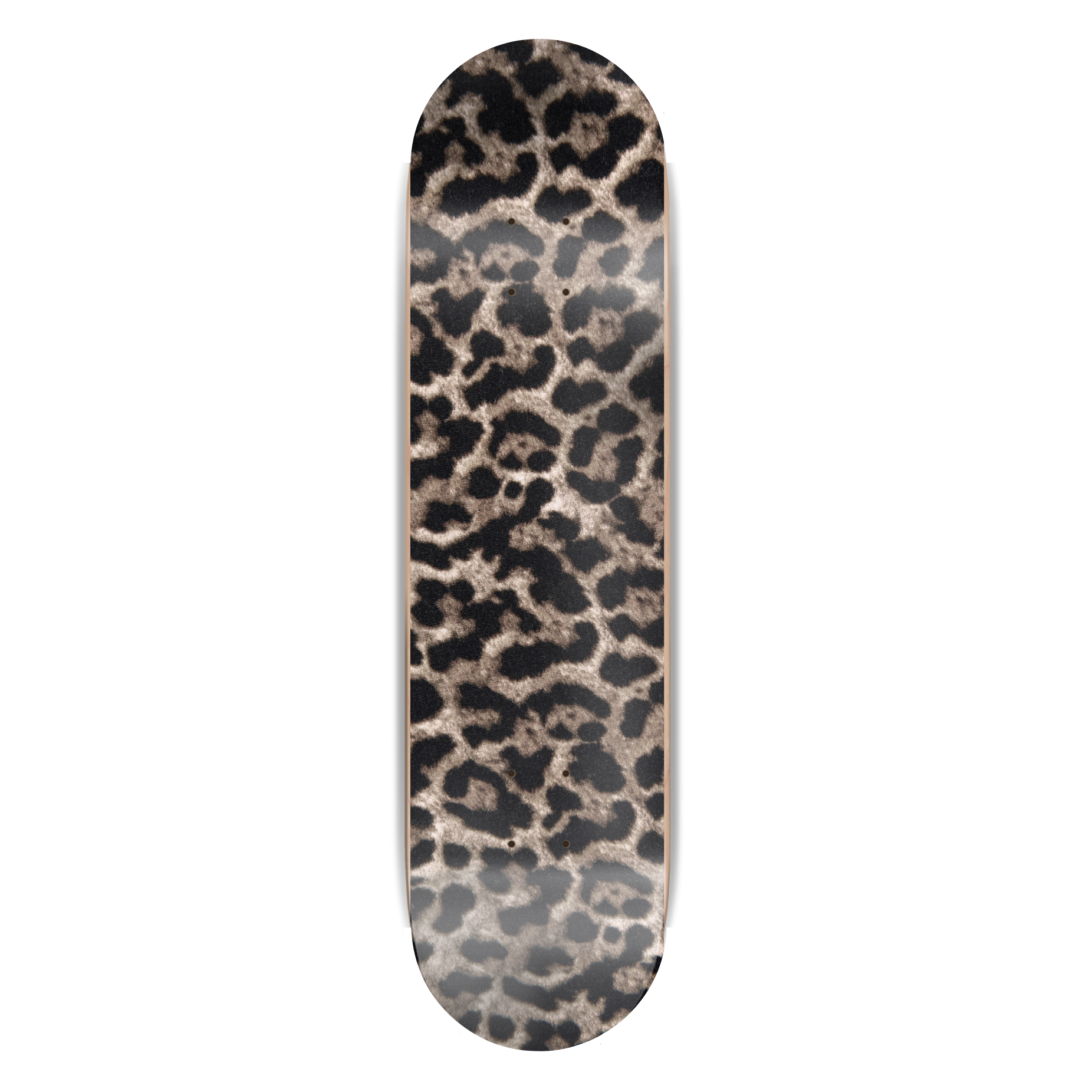Skateboard deck with leopard print pattern on a white background