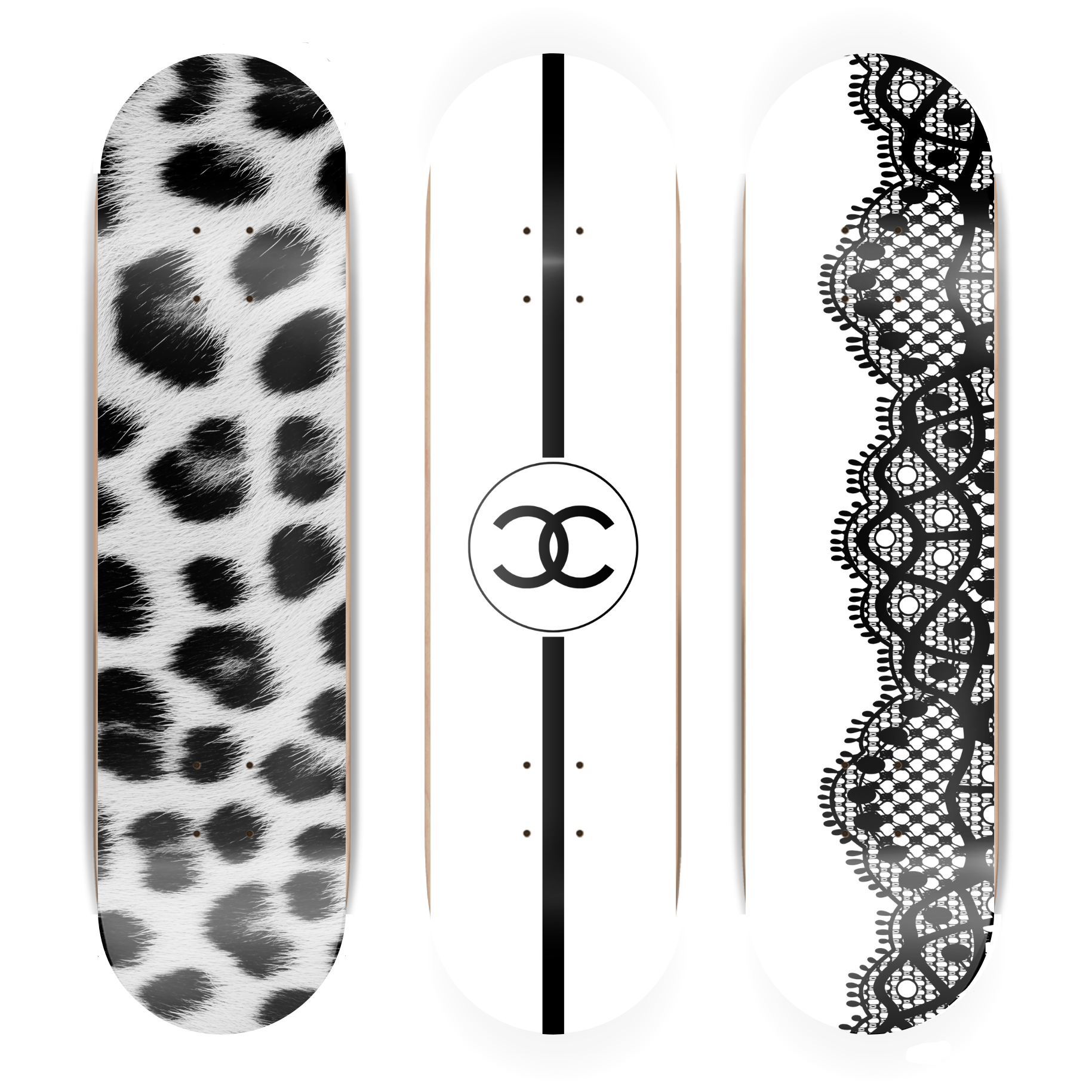 Two skateboard decks with leopard print, plain, and lace design on a white background