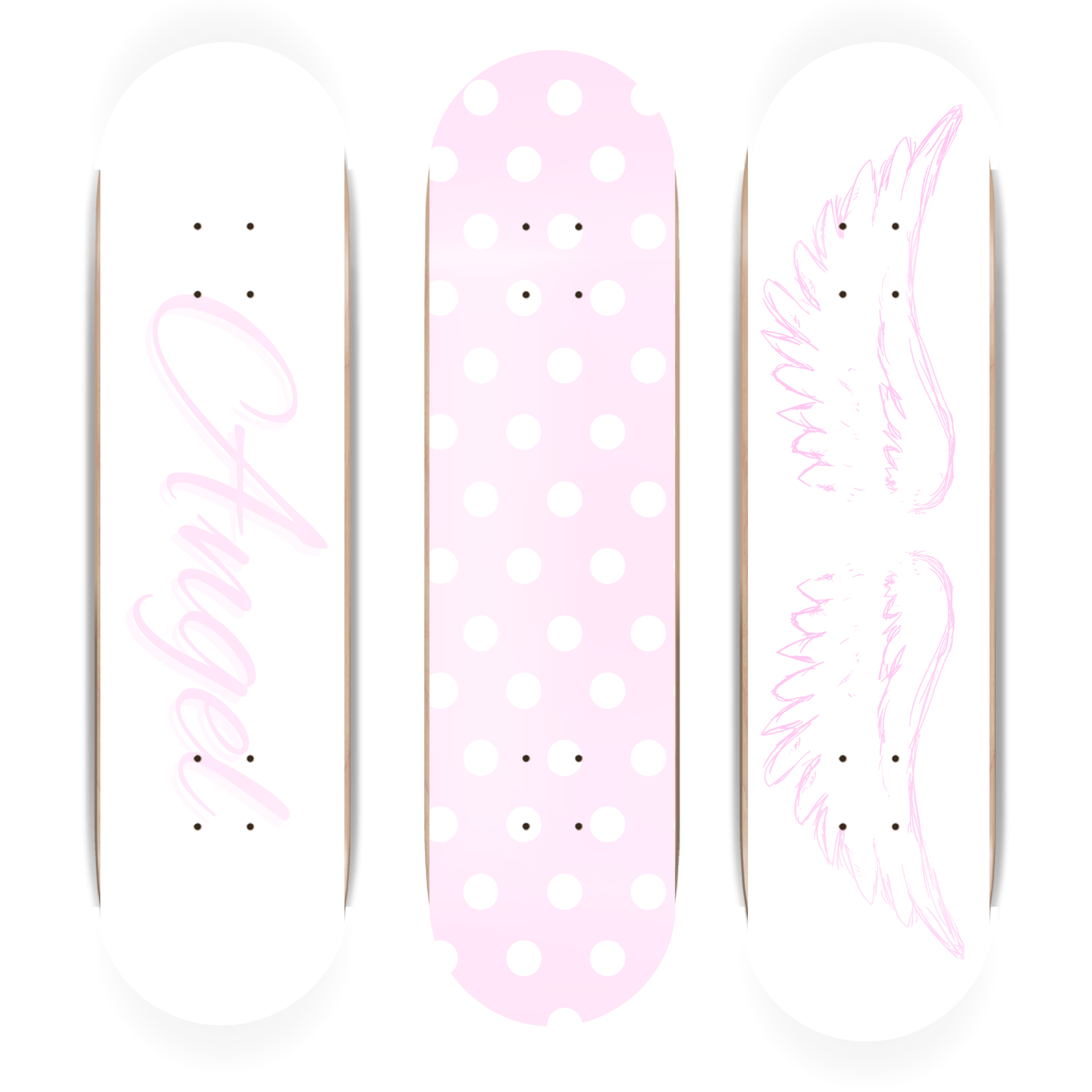 Three skateboard decks with decorative designs on a white background