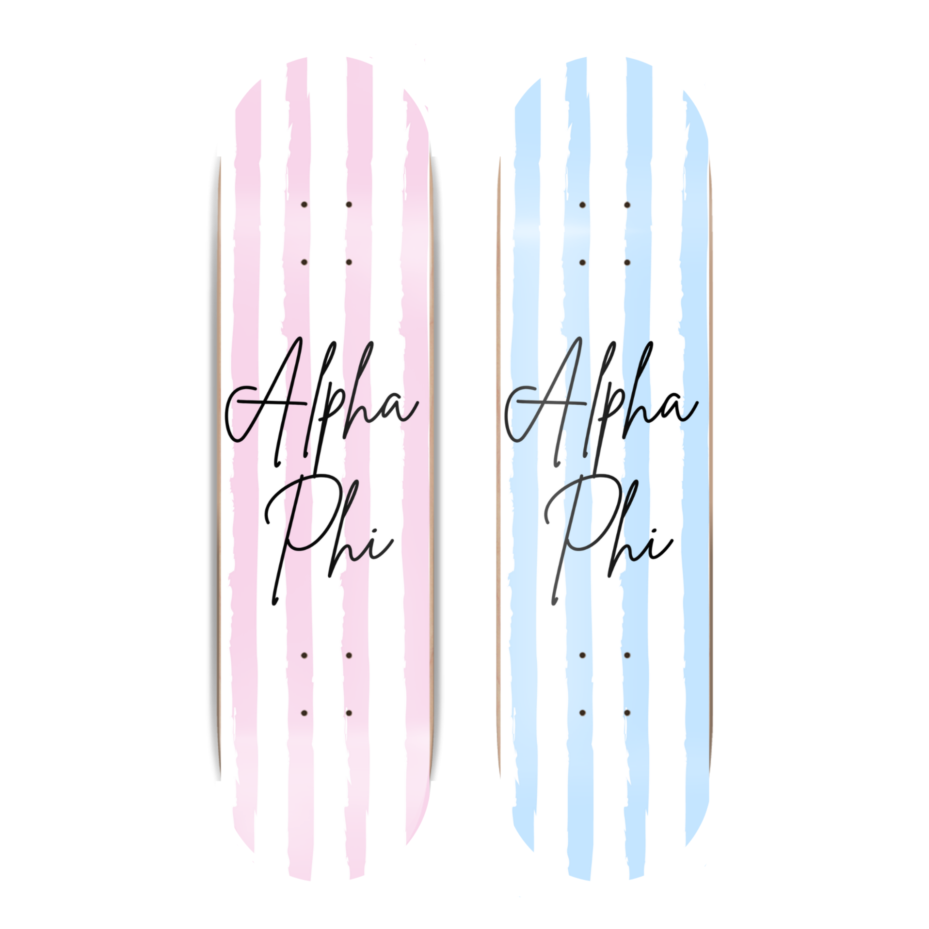 Two paddle boards with pastel pink and blue stripes and 'Alpha Phi' text on a white background.