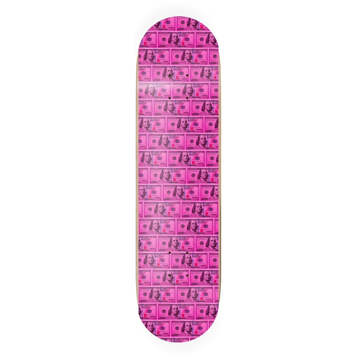 Skateboard deck with pink dollar bill pattern on a white background