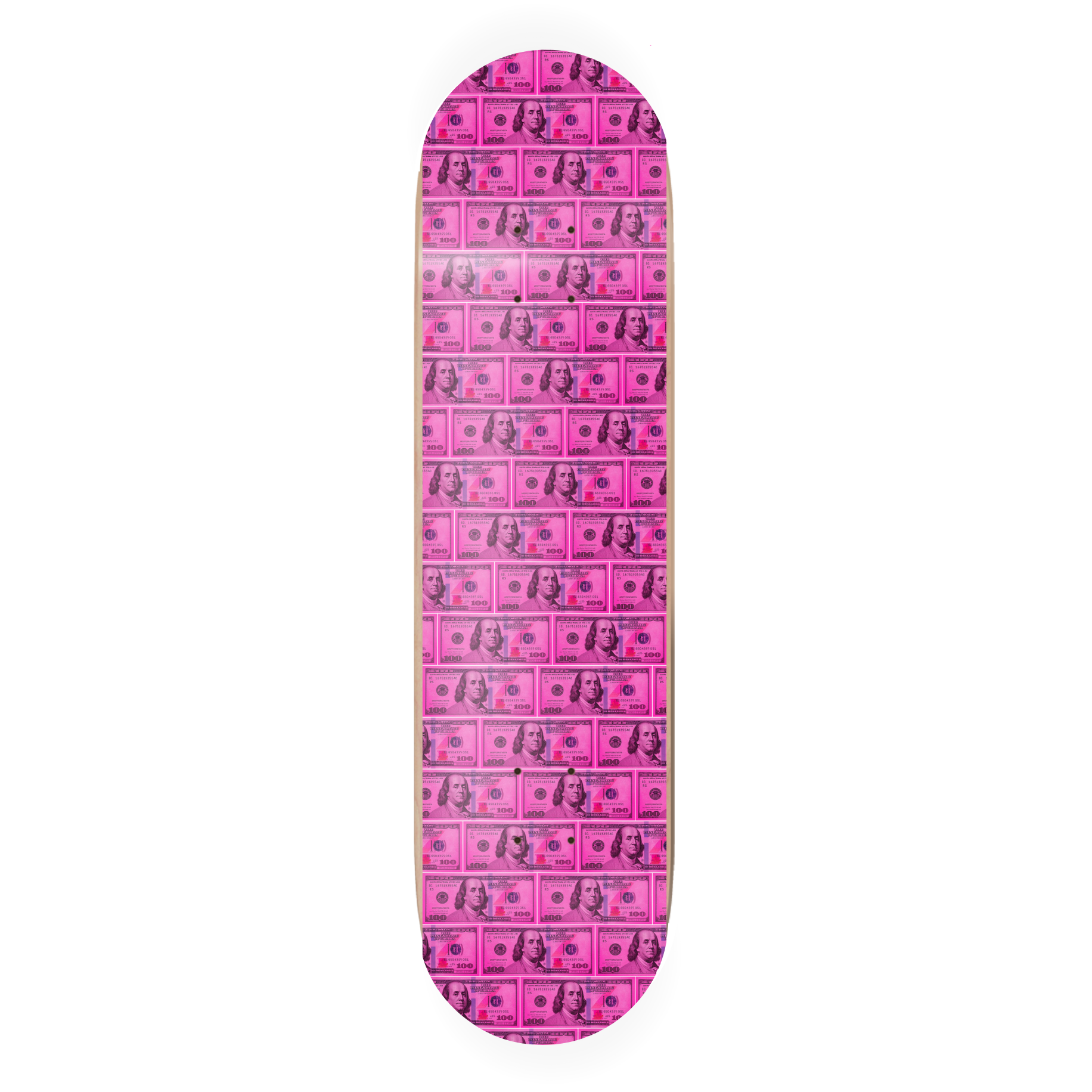 Skateboard deck with pink dollar bill pattern on a white background