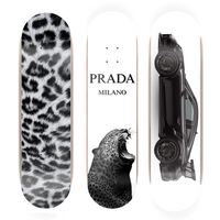 Skateboard with leopard print design, Prada, and a car on a white background