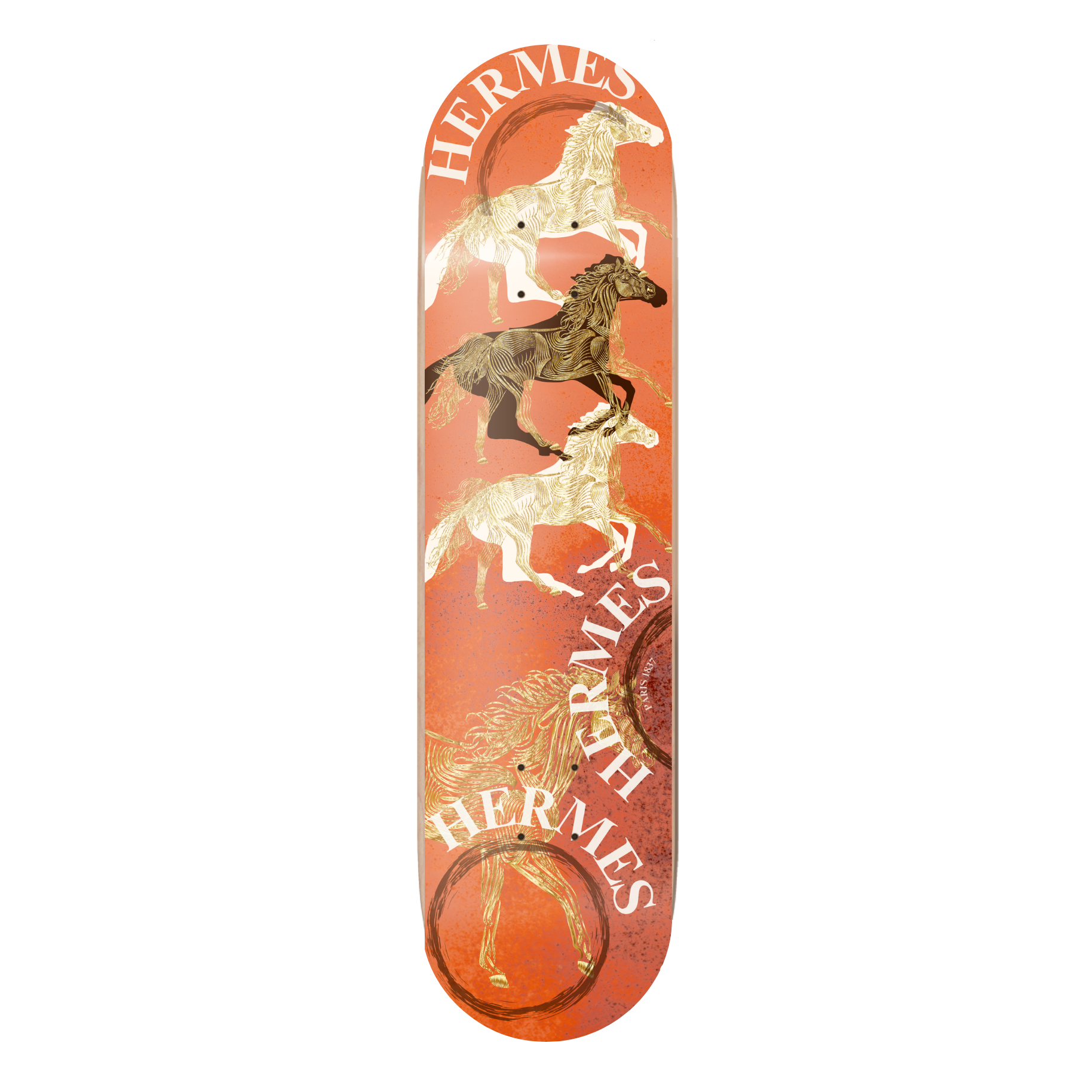 Hermes skateboard deck with horse design on a white background